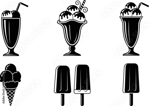Ice cream dessert icon set illustration featuring sundaes, milkshakes, cones and popsicles, sweet frozen treats collection isolated on white background, playful black vector design