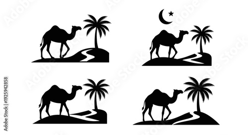 Desert caravan silhouettes featuring camels and palm trees with winding paths under crescent moon and starry sky