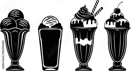 Ice cream dessert illustration set featuring sundaes and milkshakes, sweet frozen treats collection isolated on white background, retro food concept, bold black vector design