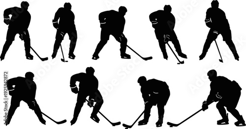 Ice hockey player silhouettes vector illustration set, athletes skating handling puck in action poses, black winter sport icons for training, competition, branding design
