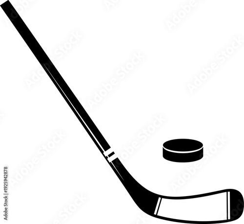 Ice hockey stick and puck silhouette vector illustration for sports logo design, isolated black icon set for print, web, branding, apparel graphics