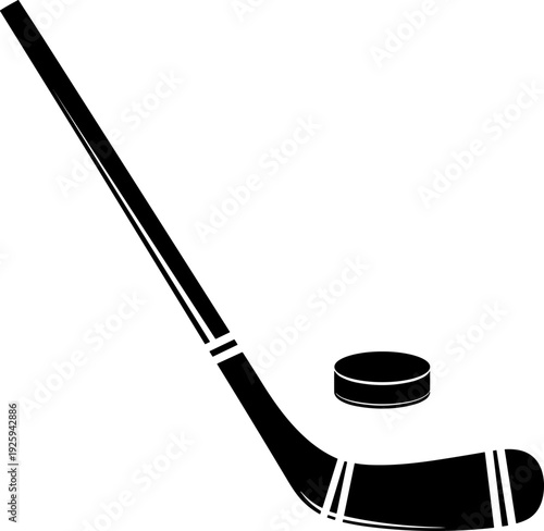 Ice hockey stick and puck silhouette illustration, black sports equipment icon for winter games, training, competition, athletic branding, vector design