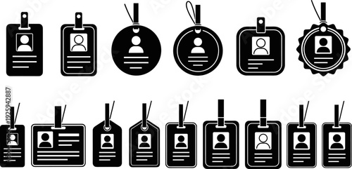 ID card and badge icon set, black employee identification tags for office security, access control, business staff, corporate UI, vector illustration collection
