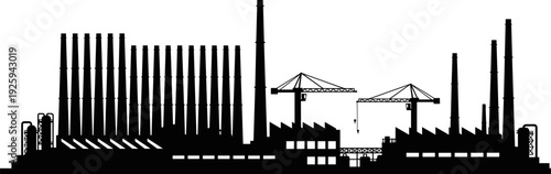 Industrial factory skyline vector illustration, manufacturing plant silhouette with chimneys cranes and warehouses, heavy industry infrastructure design isolated on white background