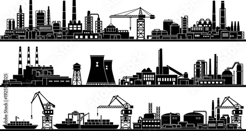 Industrial factory skyline silhouettes collection, manufacturing plants, refineries, cranes and port facilities, black vector illustration set isolated on white background