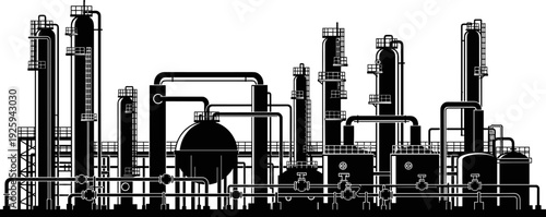 Industrial oil refinery plant silhouette vector illustration featuring pipelines, storage tanks and chemical processing equipment, heavy industry infrastructure concept isolated on white background