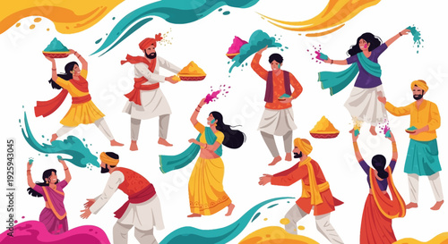 Vibrant illustration of people celebrating Holi Festival with colorful powder and joyful dance movements in a lively Indian cultural scene