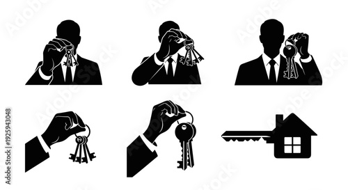 Collection of silhouette icons featuring hands holding keys and a house shaped key symbolizing real estate