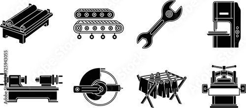 Industrial Manufacturing Equipment Black Icon Vector Set, Conveyor Belt, Wrench, Lathe, Grinder, and Hydraulic Press Machinery Graphics, Factory Production Line and Engineering Tools.