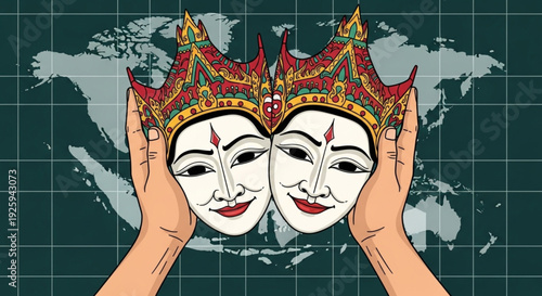World Theatre Day Hands holding traditional Indonesian masks against a backdrop of the world map, symbolizing cultural exchange and global artistic expression