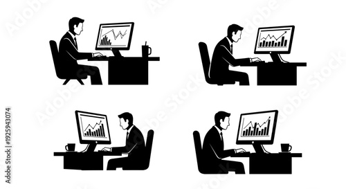 Silhouetted businessman in formal suit analyzing financial stock market charts on computer screen at desk