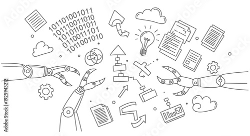 Technology and robotics icon set with coding, gears, and devices