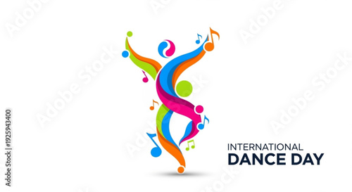 Vibrant dancers celebrate international dance day with colorful movements and music notes on white background