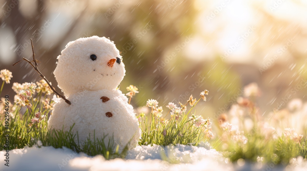 Obraz premium Spring snow ice thaw, end of Winter Season, hope, fresh start. A snowman in the snow with a stick in its mouth, surrounded by grass and flowers. The snowman has a cheerful expression.