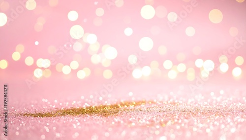 A pink background with gold sparkles and bokeh lights