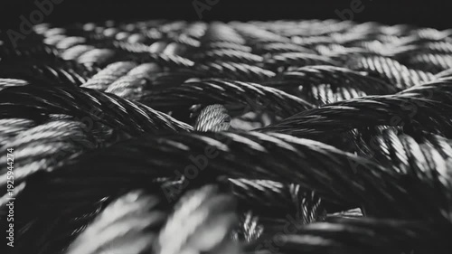 Close up macro shot of tangled steel wire ropes in an industrial setting
