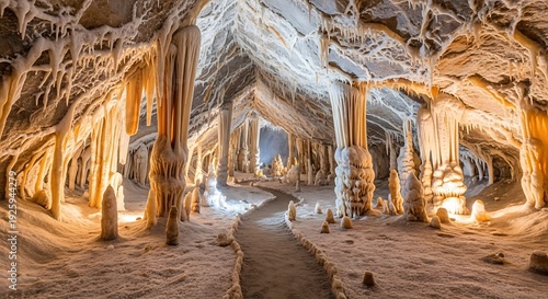 Stunning Stalactites and Stalagmites in a Beautiful Cave.