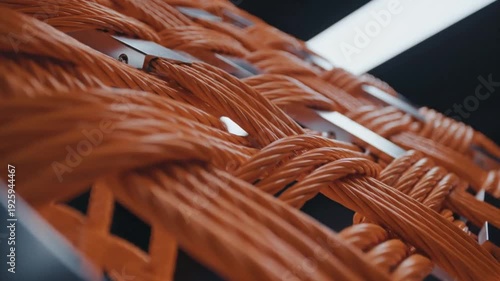 Close up of orange twisted cables and metal brackets in an industrial electrical rack