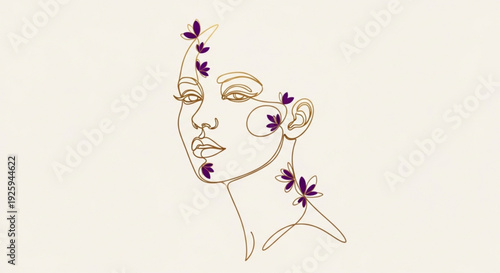 Woman's face with flowers in hair minimalist line art portrait elegant illustration beauty concept floral design gold and purple hues