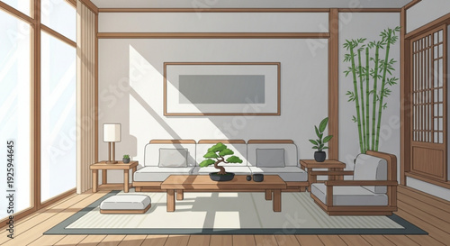 Modern japanese living room with natural light wood accents and minimalist decor featuring a couch chair coffee table and plants