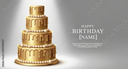 Golden multi tiered birthday cake with white pearls and dripping chocolate glaze on gray background