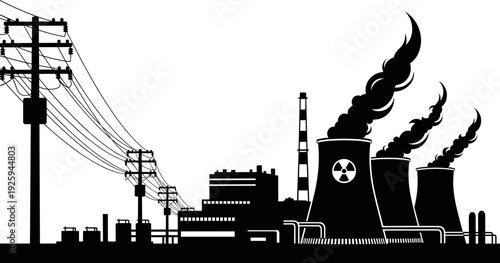 Industrial power plant silhouettes with transmission lines, nuclear and thermal energy infrastructure, black vector illustration for electricity production, environment, industry concepts