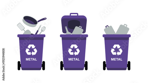 Illustration of metal recycling bins with various metal objects and open lid from a straightforward viewpoint