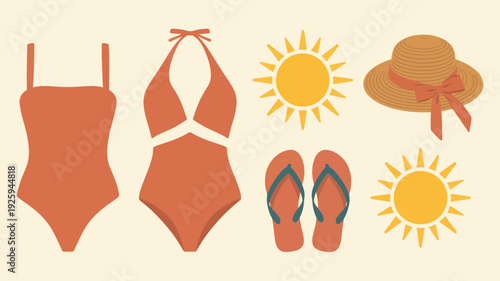 Flat design illustration of beach elements including swimsuit, flipflops, and sun icons on a simple background