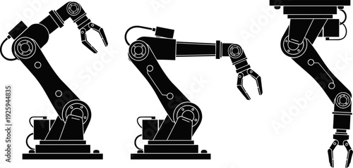Industrial robotic arm vector illustration set, automated manufacturing robot manipulators in multiple positions, black silhouette factory technology design isolated on white background