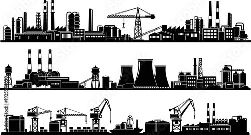Industrial skyline silhouettes collection, factories, power plants, refineries and cranes in manufacturing cityscape, black vector illustration isolated on white background