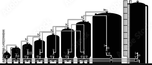 Industrial storage tank system silhouette showing chemical processing facility with multiple vertical tanks and pipelines, energy production infrastructure, black and white vector illustration