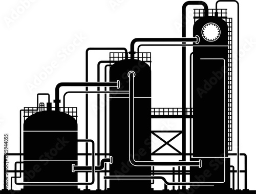 Industrial refinery plant silhouette vector illustration featuring pipelines, storage tanks, and chemical processing equipment for energy production, infrastructure, 