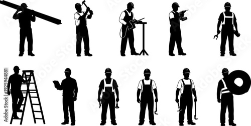 Industrial worker silhouettes set, construction and factory laborers using tools and equipment, black professional workforce vector illustration isolated on white 