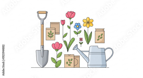 Gardening tools and colorful flowers with seed packets on white background for planting and growth