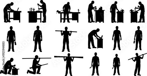 Industrial worker silhouettes, carpenter and mechanic labor poses vector illustration, workshop tools activities collection, construction craftsmanship professions, black and white design