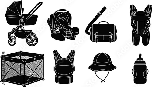 Infant Stroller, Car Seat, Carrier, Playpen, Diaper Bag, and Feeding Bottle Icons