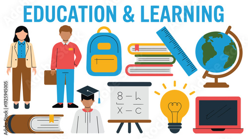 Flat design illustration of education and learning with students, teachers, and educational elements in a modern setting