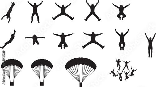 Jumping and skydiving people silhouette vector set, human leap poses parachute landing actions collection for motion study and extreme sports design isolated on white background