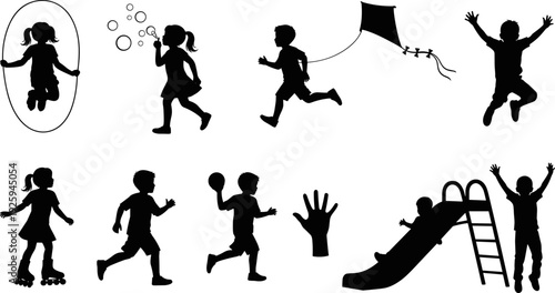 Set of Black Silhouettes of Diverse Happy Children Playing Games Outdoors: Jumping Rope, Running, Blowing Bubbles, Sliding, and Roller Skating Vector Illustration.