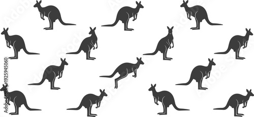 Kangaroo silhouettes collection, Australian marsupial wildlife poses, jumping animal vector illustration, nature fauna design, black and white artwork, minimal graphic icons