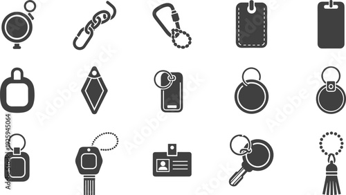 Keychain and key holder icons vector set, lock tags rings carabiner accessories collection, security identification symbols illustration isolated on white background