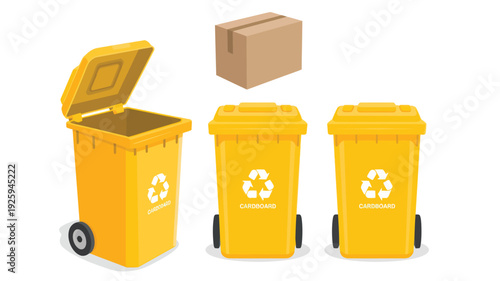 Three yellow recycling bins with one open and a cardboard box floating above, digital illustration from a front viewpoint