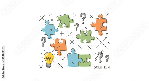 Problem solving concept icon set, includes puzzle pieces, light bulb, question marks, and solution symbol. Created in colorful flat style with pastel colors.