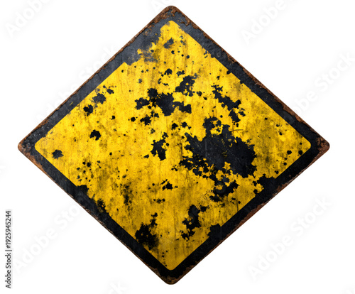 Old Yellow Warning Road Sign Board isolated on transparent background.