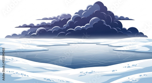 Dark storm clouds gather over icy frozen lake with snow covered banks in winter landscape