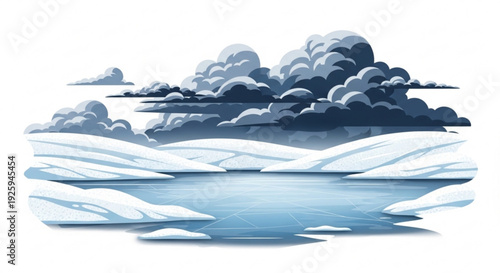 Iceberg floating in calm sea water with dark stormy clouds gathering in the background on a gloomy day