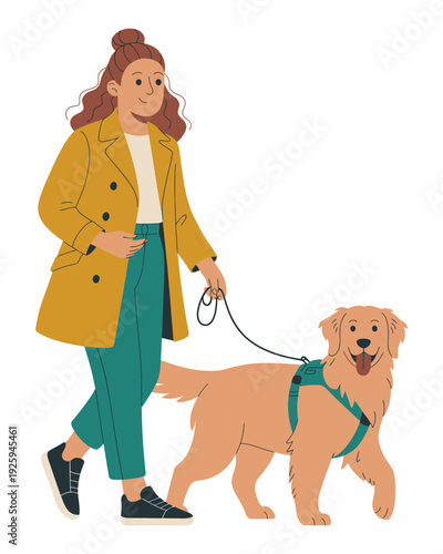 A woman walking a dog on a leash in a casual stroll outdoors with a friendly canine companion and stylish attire