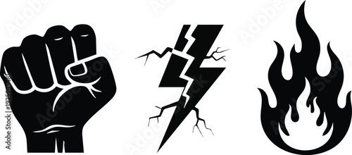 SEO Title: Powerful Vector Set: Clenched Fist, Lightning Bolt, and Flame Silhouette Icons