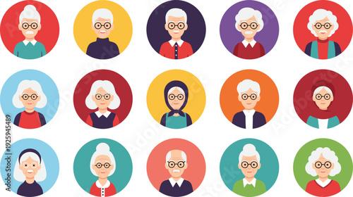 Flat Design Elderly Avatar Vector Set Featuring Senior Men and Women with Glasses for Healthcare Apps, Retirement Community Profiles, and Social Media User Icons
