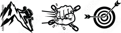 SEO Title: Success and Motivation Vector Set: Mountain Climbing, Breaking Chains, and Target Icons